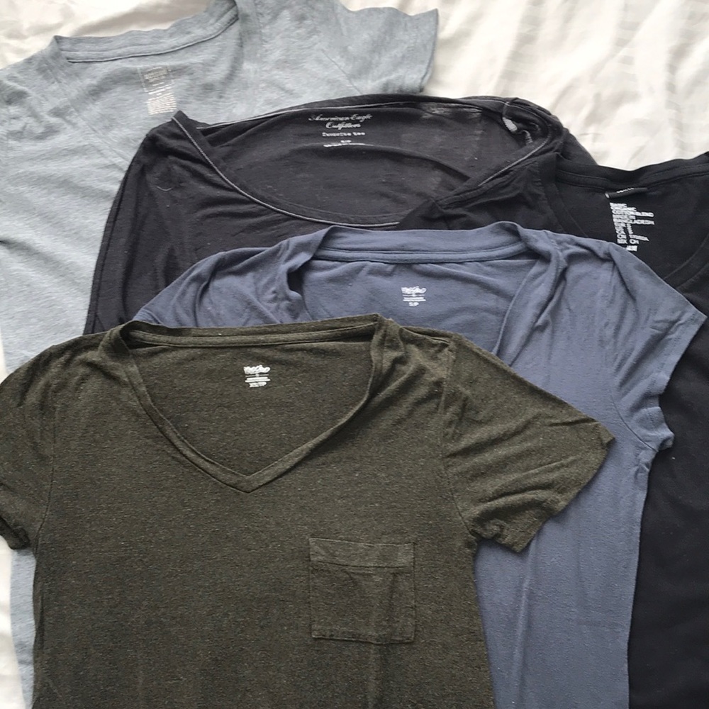 pack of basic v necks w one u neck sheer long slve